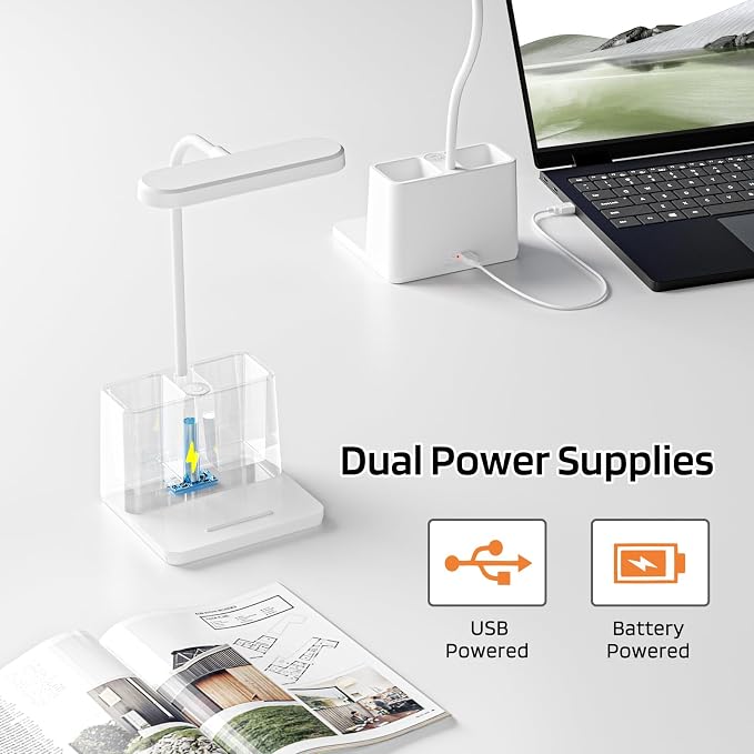 AXX Small Desk Lamp, Rechargeable Cute Table Light for Kids Teens | for College Dorm Room, Home Office, Bedroom, White, LED, Pen Holder, Mini, Gooseneck, Computer Task, Desktop Study - Image 5
