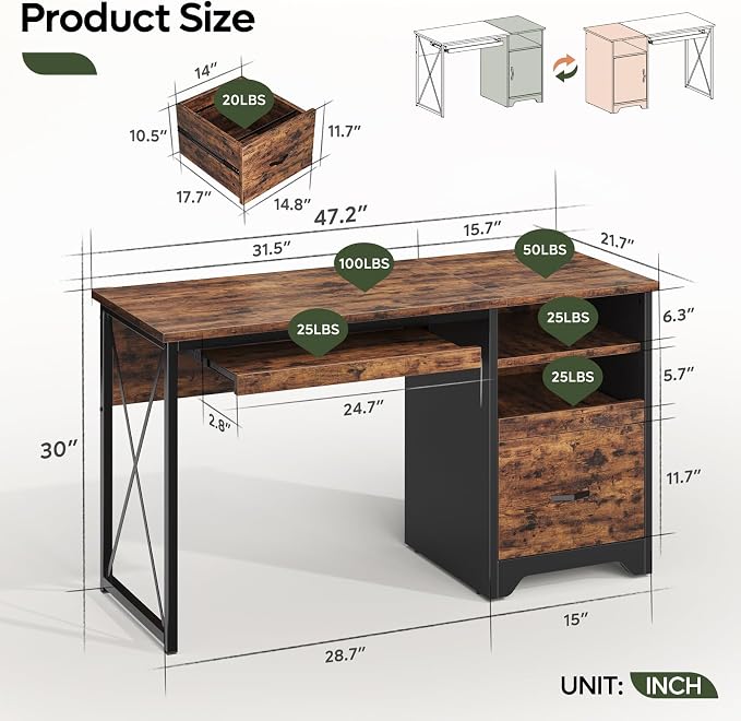 Bestier 47" Computer Desk with Drawers, Home Office Desk with Keyboard Tray, Reversible Industrial Office Desk with Storage Cabinet for Small Space Home Office & Studio, Rustic Brown | Storage Drawer, File Drawer Letter/Legal, Keyboard Tray, Cable Mana... - Image 2