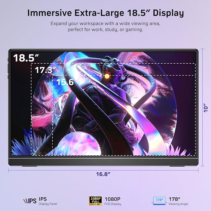 MNN 18.5" 100Hz FHD IPS USB-C HDMI Portable Gaming Monitor | 18.5" FHD IPS 100Hz, built-in stand & dual speakers, USB-C/HDMI, for PC/Phone/PS5/Xbox/Switch, travel gaming. - Image 2