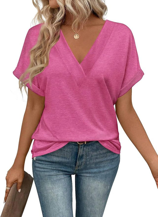 T Shirts Short Sleeve V Neck Tees Womens Tops Beach Vacation Fashion Clothes 2026 Casual Summer Spring Fall Outfits by EyMuseWomensTops