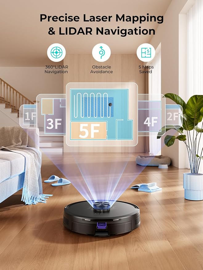 Robot Vacuum and Mop, Upgraded Bagless Robot Vacuum Cleaner with Self-Emptying, 6000Pa Robotic Vacuum with LiDAR Navigation, Smart Mapping, Schedule, App/Alexa Control for Carpet/Pet Hair, Q20 Ultra - Image 4