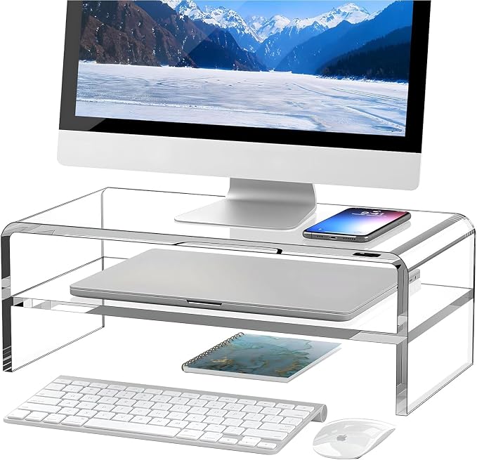 Egchi Clear Acrylic Monitor Stand Riser 2 Tier, 5.12 Inches High Clear Computer Desk Organizer Shelf for Multi Media PC Storage Laptop by Egchi