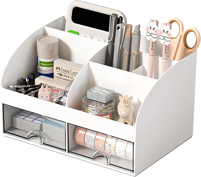COMFYROOM Desk Organizer with 6 Compartments and 2 Drawers, Plastic Makeup Organizer, Pen Holder for Desktop Storage, Desk Organization for School, Home, Office Supplies (White) by COMFYROOM