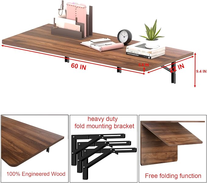 IAE 60x22in Floating Fold Desk,Wall-Mounted Folding Computer Table,Walnut | Study Table with Shelf Brackets,Foldable Down Shelf with Engineered Wood,Fold Computer Desk for Small Apartment,Holds 517 lb - Image 2