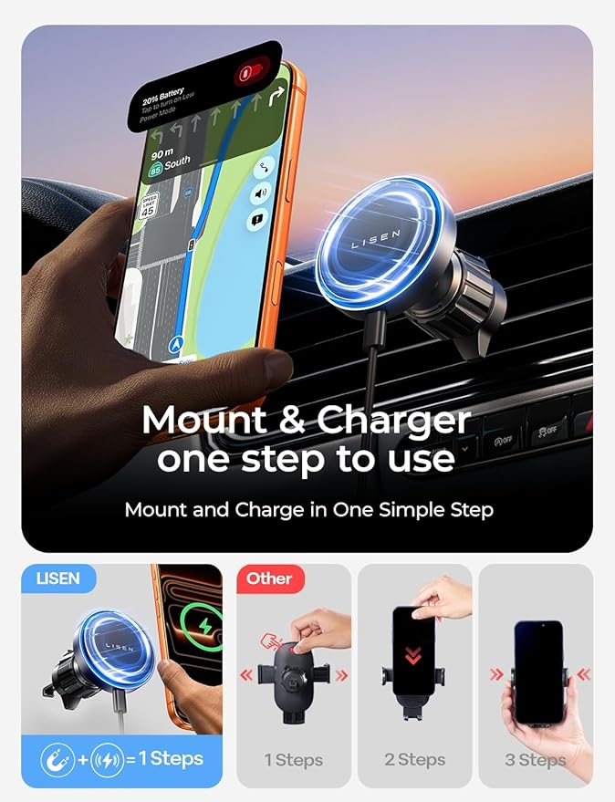 LISEN for 15W MagSafe Car Mount Charger,Magnetic Wireless Car Charger for iPhone 17 Pro Max Accessories,Magnetic Phone Holder for iPhone 17-12,Samsung,Pixel 9,Jeep Ford F150 Accessories,Gifts - Image 3