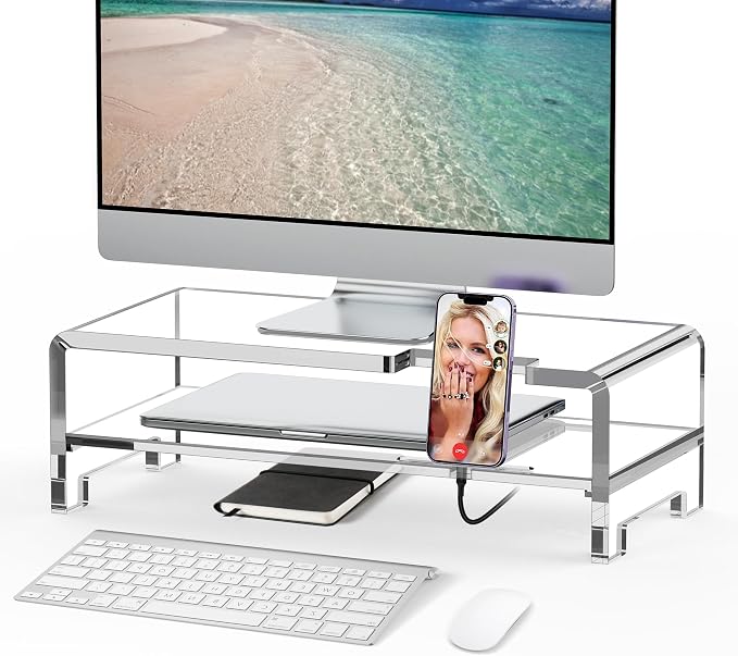 Acrylic Monitor Stand Riser Clear Laptop Stand 2-Tier L16 xW7.5 xH4.7 | Computer Monitor Stand Laptop Riser with Storage, Compatible with All Notebooks and Monitors, Desk Organizer for Home Office by Beimu