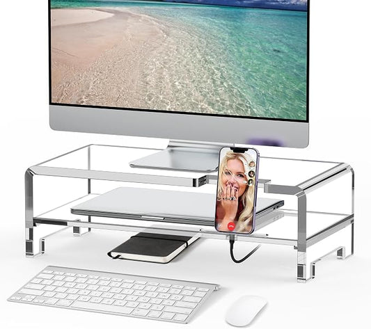 Acrylic Monitor Stand Riser Clear Laptop Stand 2-Tier L16 xW7.5 xH4.7 | Computer Monitor Stand Laptop Riser with Storage, Compatible with All Notebooks and Monitors, Desk Organizer for Home Office by Beimu
