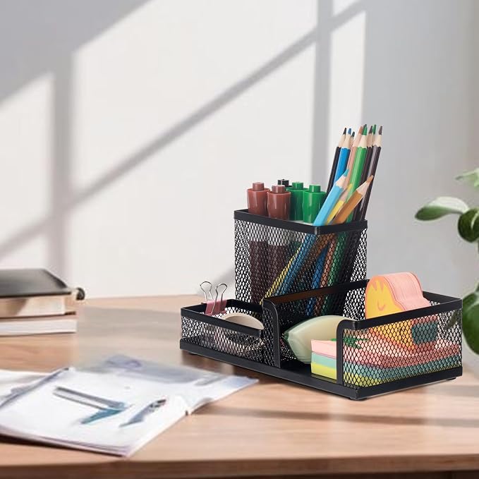 Comix 2 Packs Mesh Pen Holder, Desk Organizer for Home Office, Black | 3 Compartment Pencil Holder, Sticky Notes Holder, Pen Organizer Office Supplies - Image 8