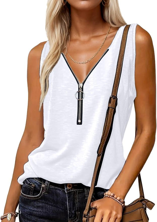 Halife Womens Half Zip V Neck Tank Tops Summer Sleeveless Shirts Casual Loose Top Blouses T Shirts by Halife