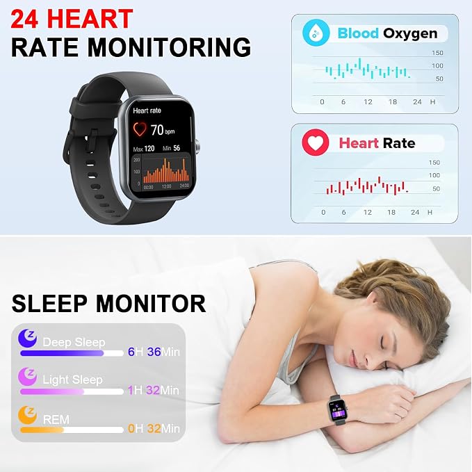 Smart Watch (Answer/Make Calls), 1.96" HD Smartatch for Men Women , 113+ Sport Modes, Fitness Tracker with Heart Rate/Sleep Monitor/Pedometer/Calories, IP68 Waterproof Running Watch for Android iOS - Image 4