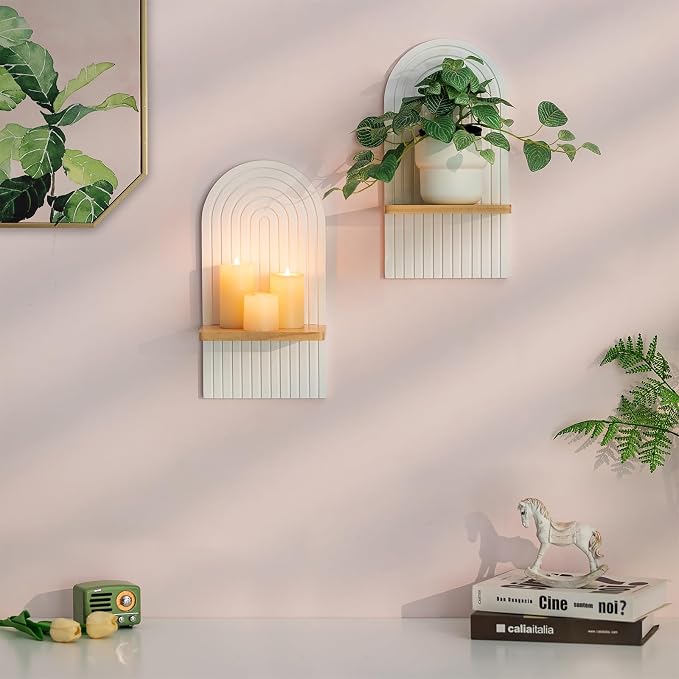 Boho Wall Candle Holder Set of 2 with White Arched 3D Design | Mid-century Candle Sconces, Soild Wood, Modern Minimalist, for Pillar, Plants, Bohemian Art Decor, Beside Fireplace and TV - Image 4