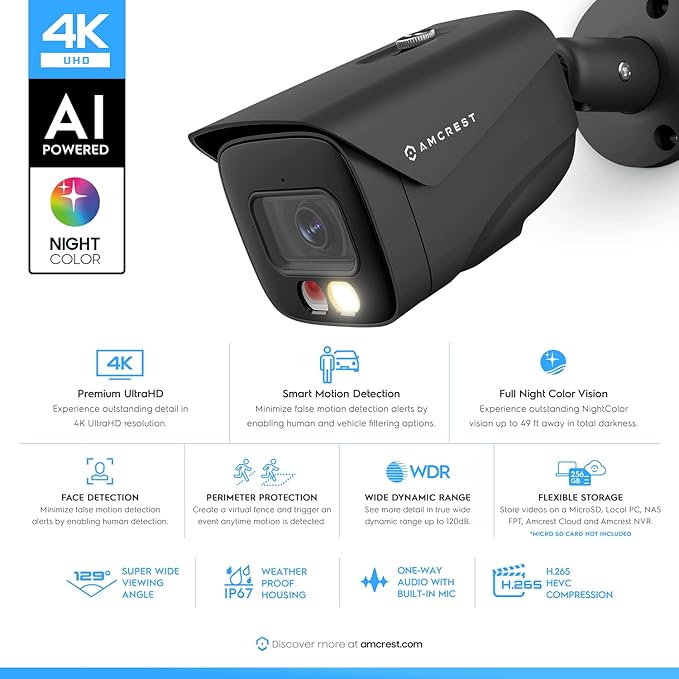 Amcrest UltraHD 4K (8MP) IP PoE AI Camera, FOV 129°, 49ft Color Nightvision, Security Outdoor Bullet Camera, Human & Vehicle Detection, Active Deterrent, 4K @15fps, IP8M-2796EB-AI (Black) - Image 2
