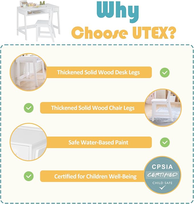 UTEX Kids Desk and Chair Set, Study Desk for Kids with Storage Bins, Wooden Children Study Table, Student Writing Desk for Bedroom & Study Room (1 Open & 1 Drawer) - Image 2