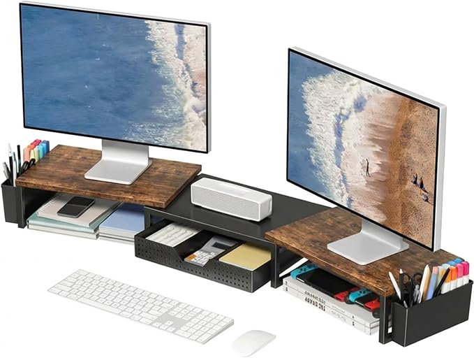 OPNICE Desk Organizers and Accessories, Dual Monitor Stand Riser with Drawer and 2 Pen Holders, Desk Shelf Wood Computer Racks for Office Workspace Organizers, Desktop Organization (Rustic Brown) by OPNICE