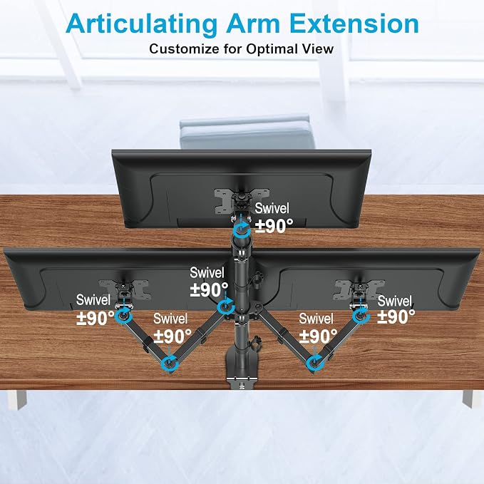 MOUNTUP Triple Monitor Stand, Height Adjustable Monitor Desk Mount Fit for 17 to 32 Inch Computer Screens, Stacked Monitors Arm for 3 Monitors, with C-Clamp and Grommet Base, up to 17.6lbs per Arm - Image 5
