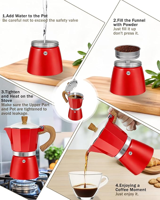 Coffee Maker Stovetop Espresso Maker 12 Cup Aluminum Moka Pot Percolator 20oz 600ml Easy Brewing for Electric Ceramic Stoves Home Camping Italian Cuban Café Classic Red - Image 9