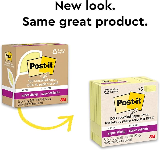 Post-it 100% Recycled Super Sticky Notes, 3 x 3 in, Canary Yellow, 5 Pads - Image 8