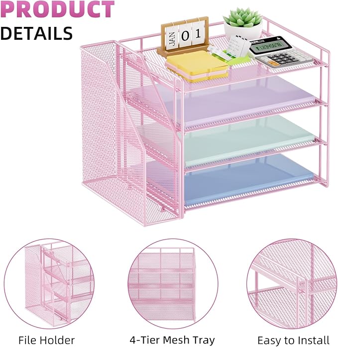 Marbrasse 4-Tier Paper Tray Organizer with File Holder, Pink | Sturdy Paper Tray, Built-in File Holder, fits Letters/Docs, Saves Desk Space, for School/Office/Home - Image 4