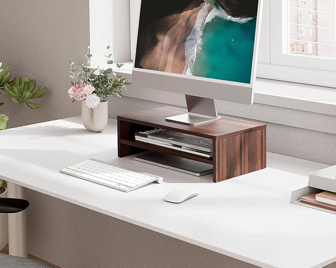FITUEYES Monitor Stand - 2 Tier Computer Monitor Riser Shelf, Wood Desktop Stand for Laptop Computer Screen, Desk Organization, Office Supplies - Image 2