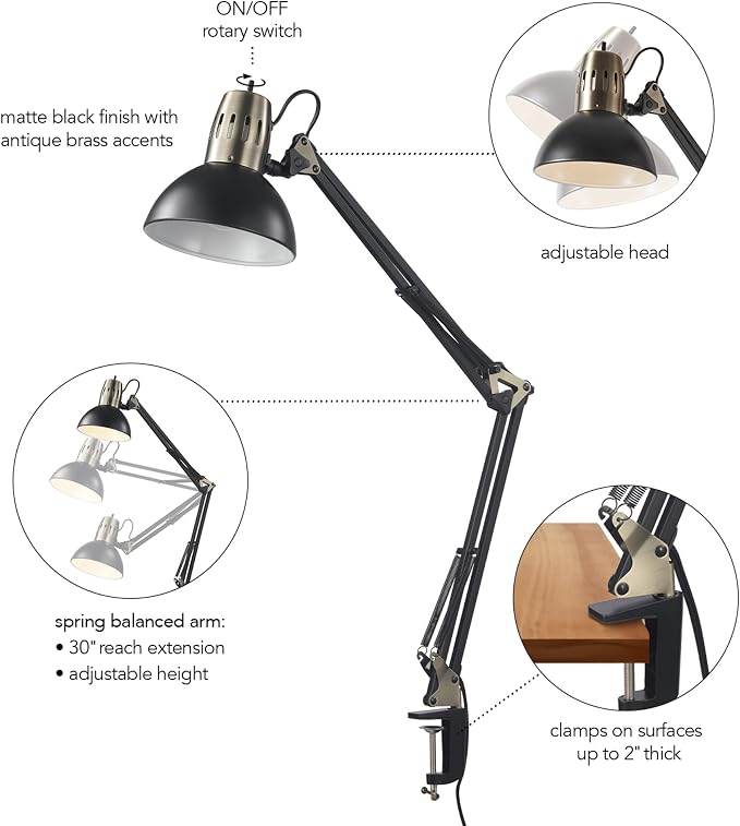 Globe Electric 62000009 32" Multi-Joint Desk Lamp with Metal Clamp, Matte Black, Antique Brass Accents, On/Off Rotary Switch on Shade, Partially Adjustable Swing Arm, Home Décor, Office Accessory - Image 6