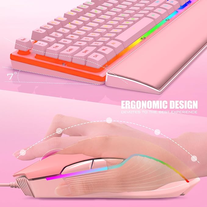 RedThunder K10 Wired Gaming Keyboard and Mouse and Wrist Rest Combo, RGB Backlit, Mechanical Feel Anti-ghosting Keyboard + 7D 7200 DPI Mice+Soft Leather Wrist Rest 3 in 1 PC Gamer Accessories(Pink) - Image 5