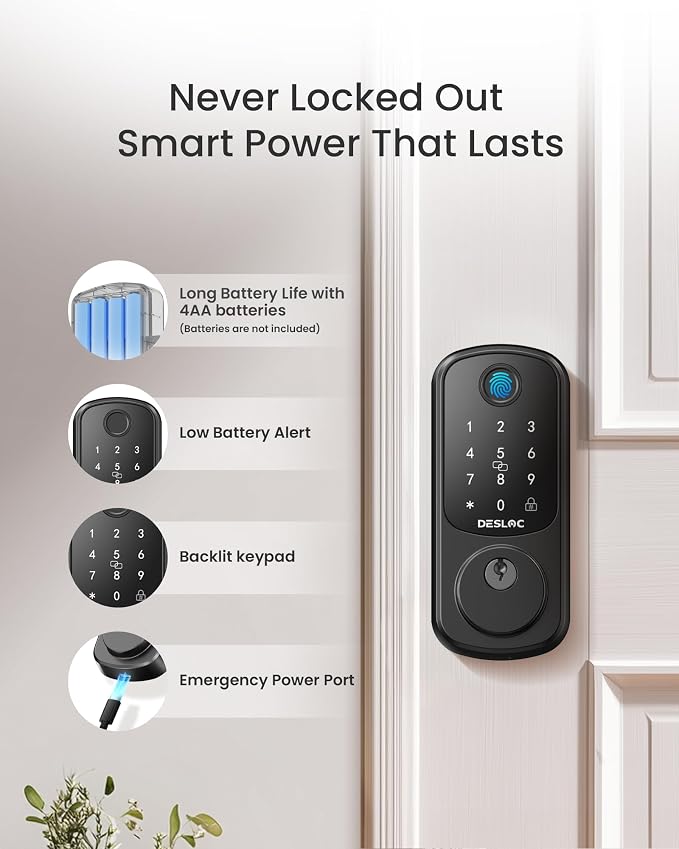 DESLOC Smart Lock B200 WiFi Version, Fingerprint Keyless Entry Door Lock, App Remote Control, Smart Locks for Front Door, WiFi Deadbolt Smart Lock, Emergency Power Port,12 Months Battery, Auto Lock - Image 9