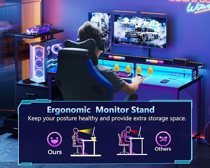 AODK 52 Inch Gaming Desk with USB Charging Ports & LED Light- Reversible Computer Desk with Storage Shelves & Monitor Stand, Modern Gamer Desk Table with Fabric Drawers, Black - Image 7