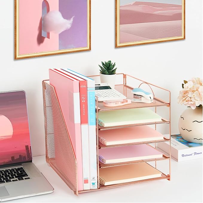 LEKETREE Desk Organizers and Accessories, 5-Tier Paper Letter Tray Organizer with File Holder, Desktop Organizer for Office Supplies (Rose Gold) - Image 6