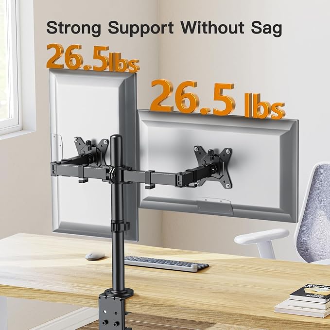 ErGear Dual Monitor Desk Mount for 13″–34″ Monitors up to 26.5 lbs, Fully Adjustable Monitor Stand Holds 2 Computer Screens, Heavy-Duty Dual Monitor Arm with C-Clamp & Grommet Base, Black, EGCM13B - Image 3