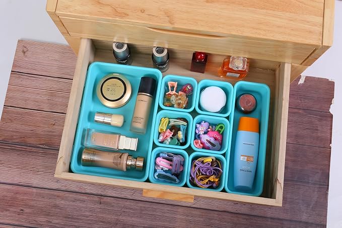 Kutesna 15PCS Interlocking Drawer Organizer, Plastic Desk Organizer Set | 3-Size Versatile Storage Bins,BPA-free,Non-slip, Fits Any Drawer for Cosmetics,Bathroom, Tools,Kitchen and Office（Blue&Green） - Image 4
