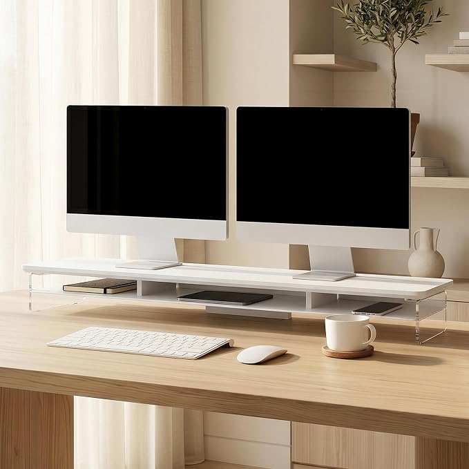 Fenge 42.5" Dual Monitor Stand with Clear Acrylic Legs, White | Clear acrylic, storage compartment, 2-tier home office monitor riser, wide large desktop shelf fit monitor/laptop/printer - Image 2
