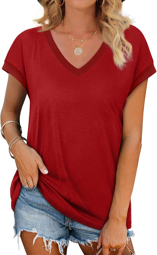 WIHOLL Womens Summer Tops 2026 Cap Short Sleeve Shirs V Neck T Shirts Fashion Beach Vacation Clothes Color Block by WIHOLL