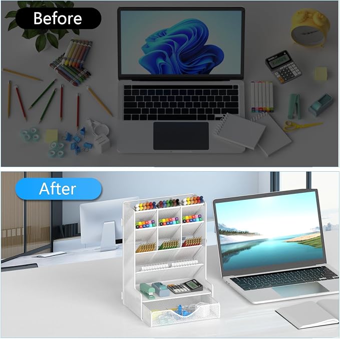 BOHDK Pen Organizer for Desk, Multi-Functional Desk Organizer, Wall Mount Pen Holder with Drawer for School, Office, Home, Art Supplies, White - Image 3