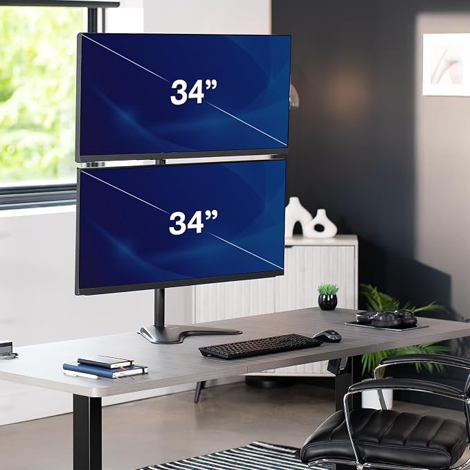 VIVO Dual Monitor Desk Stand Free-Standing LCD Mount, Holds in Stacked Vertical Position 2 Ultrawide Screens up to 34 inches, Black, STAND-V002L - Image 2