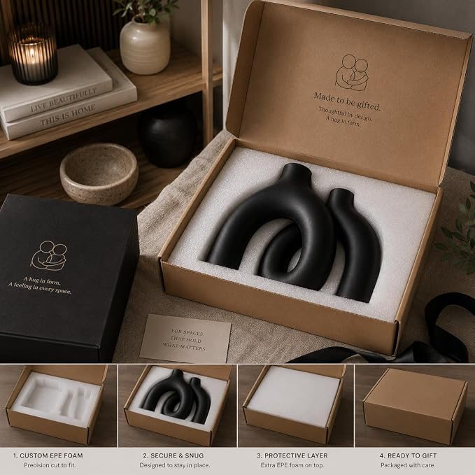 Jas & Jax Matte Black Ceramic Hug Donut Vase Set – Nordic Boho Home Decor, Pampas Grass & Dried Flowers Centerpiece for Living Room, Console Table, Bookshelf or Mantel - Image 5