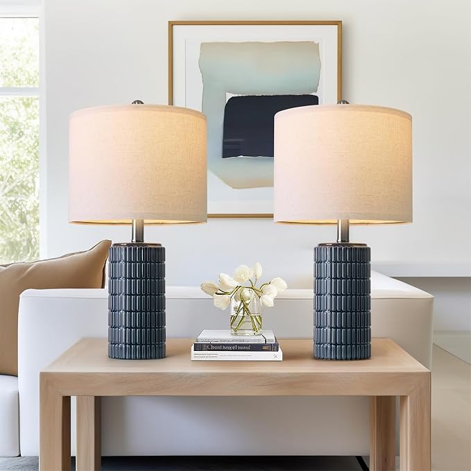 PoKat 20.75" Small Blue Table Lamps, Farmhouse Bedside Lamps for Bedroom Set of 2, Ceramic End Table Lamps for Night Stands Living Room, Modern Nightstand Desk Lamps, Dark Blue - Image 3