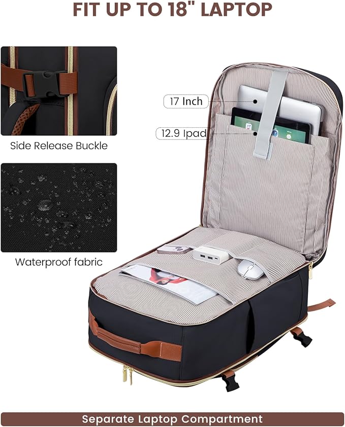 LOVEVOOK 50L Travel Backpack for Women & Men, Airline Approved Carry On Luggage with 3 Packing Cubes, TSA Overnight Bags, Waterproof Personal Item Bag, Weekender Essentials Backpacks fits 17" Laptop - Image 8