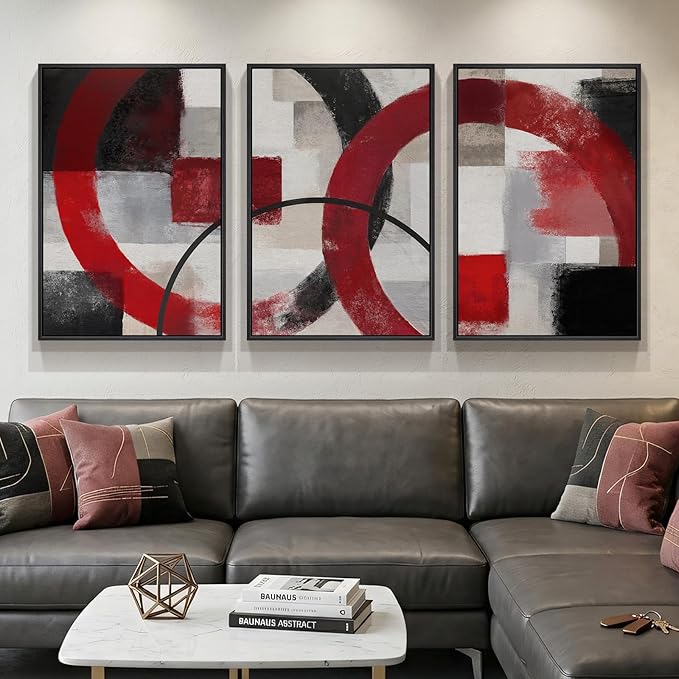 Large Framed Red Black White Abstract Wall Art for Living Room, Set of 3 Modern Canvas Prints Paintings Artwork for Walls, Red Black Geometric Pictures for Bedroom Hallway Office Wall Decor 24x36 In by Cuspin