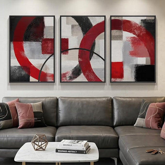 Large Framed Red Black White Abstract Wall Art for Living Room, Set of 3 Modern Canvas Prints Paintings Artwork for Walls, Red Black Geometric Pictures for Bedroom Hallway Office Wall Decor 24x36 In by Cuspin