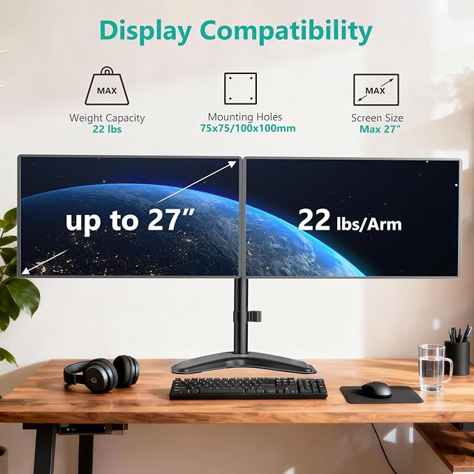 WALI Dual Monitor Stand, Freestanding Full Motion Monitor Desk Mount Fits 2 Screens up to 27 inches, Dual Monitors Arm Fits up to 22lbs, VESA 75x75 100x100 (MF002LM), Black - Image 2