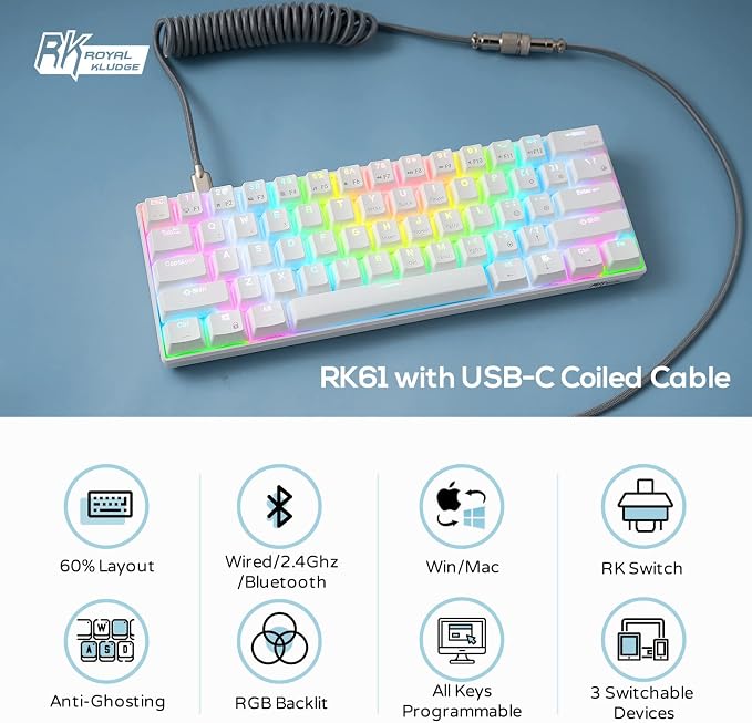 RK ROYAL KLUDGE RK61 Wireless Mechanical Keyboard with Coiled Cable, White | 60% RGB Gaming Keyboard with Bluetooth/2.4GHz/Wired, Hot Swappable 61 Keys Ultra-Compact for Win/Mac/PC, Tactile Brown Switch - Image 7