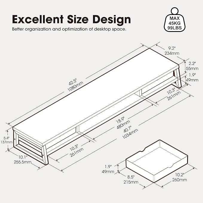 Fenge Dual Monitor Stand, Monitor Riser with Drawer, 42.5 Inch Large Computer Monitor Stand for 2 Monitors, 2 Tier Wooden Desk Shelf for Top of Desk - Image 5