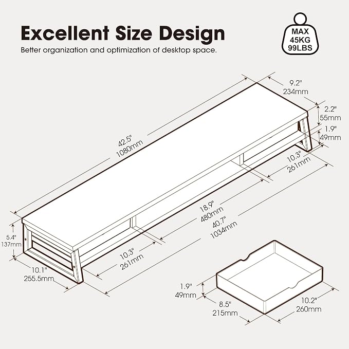 Fenge Dual Monitor Stand, Monitor Riser with Drawer, 42.5 Inch Large Computer Monitor Stand for 2 Monitors, 2 Tier Wooden Desk Shelf for Top of Desk - Image 5