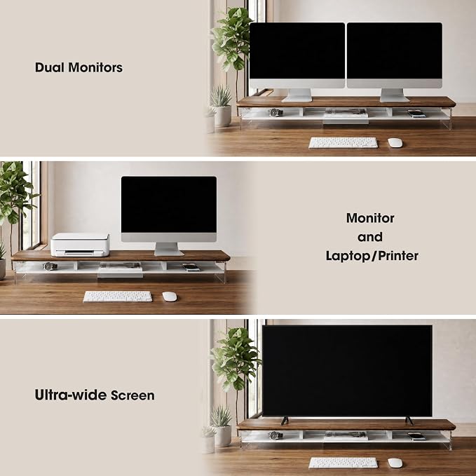 Fenge 42.5" Dual Monitor Stand with Clear Acrylic Legs, Brown | Clear acrylic, storage compartment, 2-tier home office monitor riser, wide large desktop shelf fit monitor/laptop/printer - Image 4