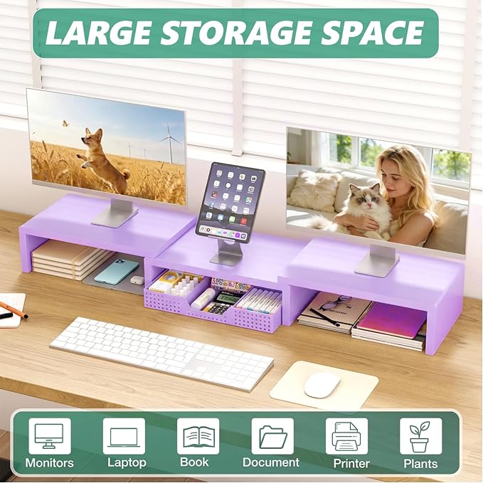 OPNICE Dual Computer Monitor Stand Riser with Drawer, Workspace Desk Organizer, Office Supplies Desk Accessories for Women, Purple - Image 3