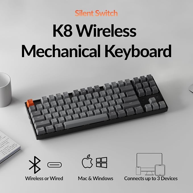 Keychron K8 Wireless Mechanical Keyboard – Silent Red Switch for Quiet Office and Gaming, TKL 87 Keys, Soft White LED Backlight, Bluetooth & USB-C Wired Connectivity, Compatible with Mac and Windows - Image 2