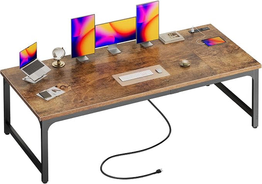 Huuger 71 x 31.5 Inch Desk with Power Outlets & USB-C, 0.95 Inch Thicker Desktop, Robust Metal Tubes, Deep Computer Desk, Heavy Duty Office Desk, Work Desk for Home Office, Rustic Brown by Huuger
