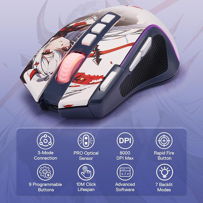 Redragon M612AK PRO Wireless Anime Gaming Mouse 8000 DPI Remapping Keys | Cable-Free 0 Delay, Rapid-Fire Clicker, Redefine Keybinding Macro, Vibing Backlight, Ergonomic Grip Body Comfort - Image 2