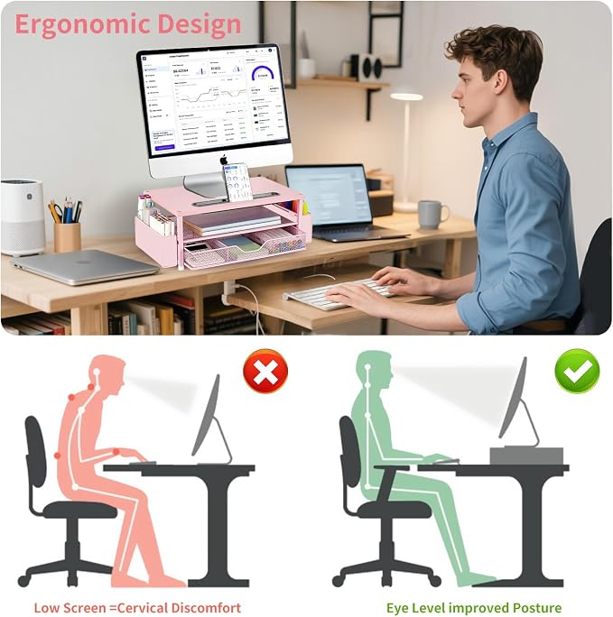 AUPSEN Pink Desk Organizers and Accessories, 2-Tier Wood Computer Monitor Stand with Drawer, Pen Storage & Phone Holder, Office Desk Accessories, Workspace Desktop Organization for Office Supplies - Image 2