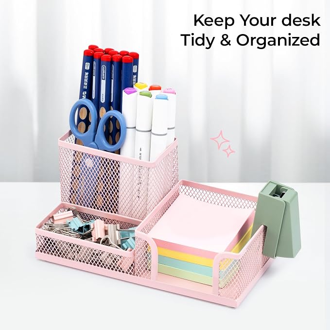M&G Mesh Pen Holder Desk Organizers Pencil Holder for Desk Pink, 3 Compartments Metal Office Supply Organizer with Sticky Notes Holder for Home Office - Image 7